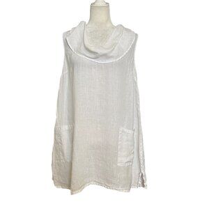 Match Point USA 100% Linen Tunic Top Womens M White Sleeveless Boho Pockets